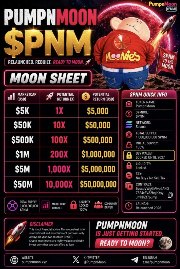 PumpNMoon $PNM moon sheet graphic with token quick info